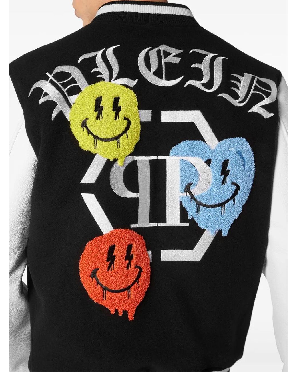 Philipp Plein Black Smile-Appliqué Varsity Jacket for men