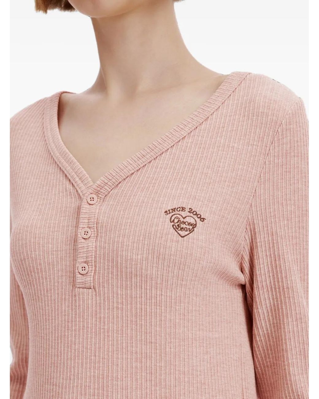 Chocoolate Pink Ribbed-Knit Heart-Motif Long-Sleeved Cropped T-Shirt