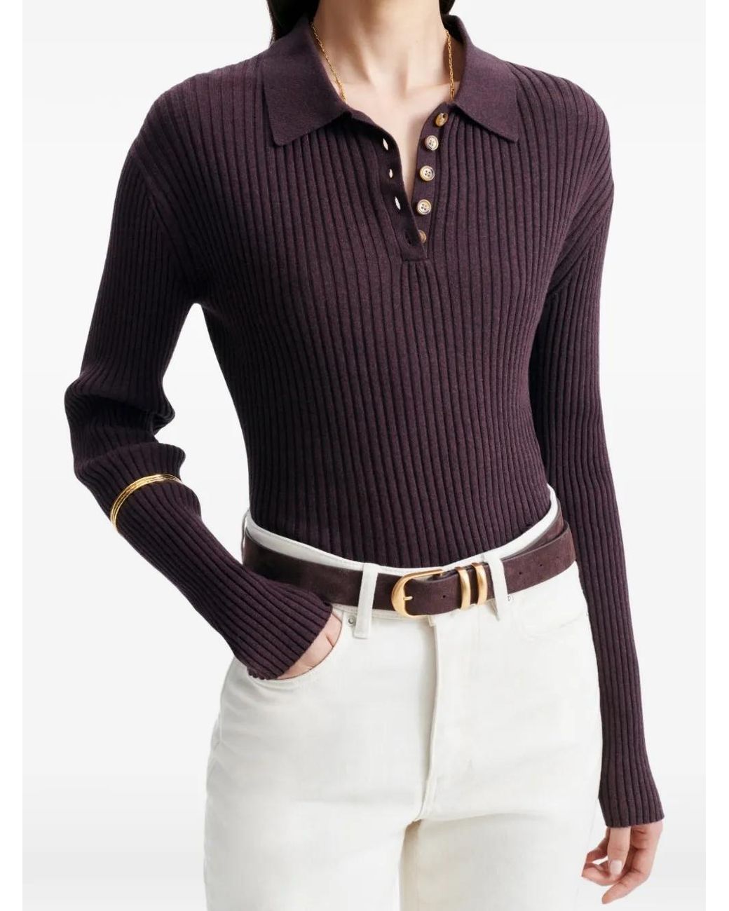 Vanessa Bruno Purple Hoche Ribbed-Knit Long-Sleeve Polo Shirt