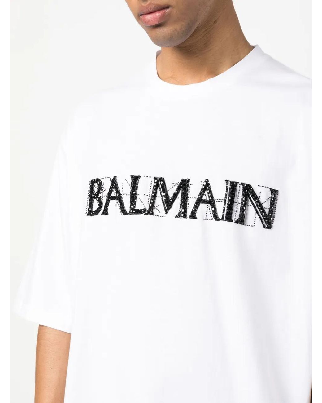 Balmain White Sparkling Crystal Logo T-Shirt for men