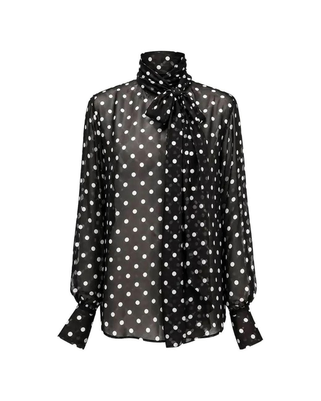 ACTUALEE Black Polka-Dot Pussy-Bow Blouse