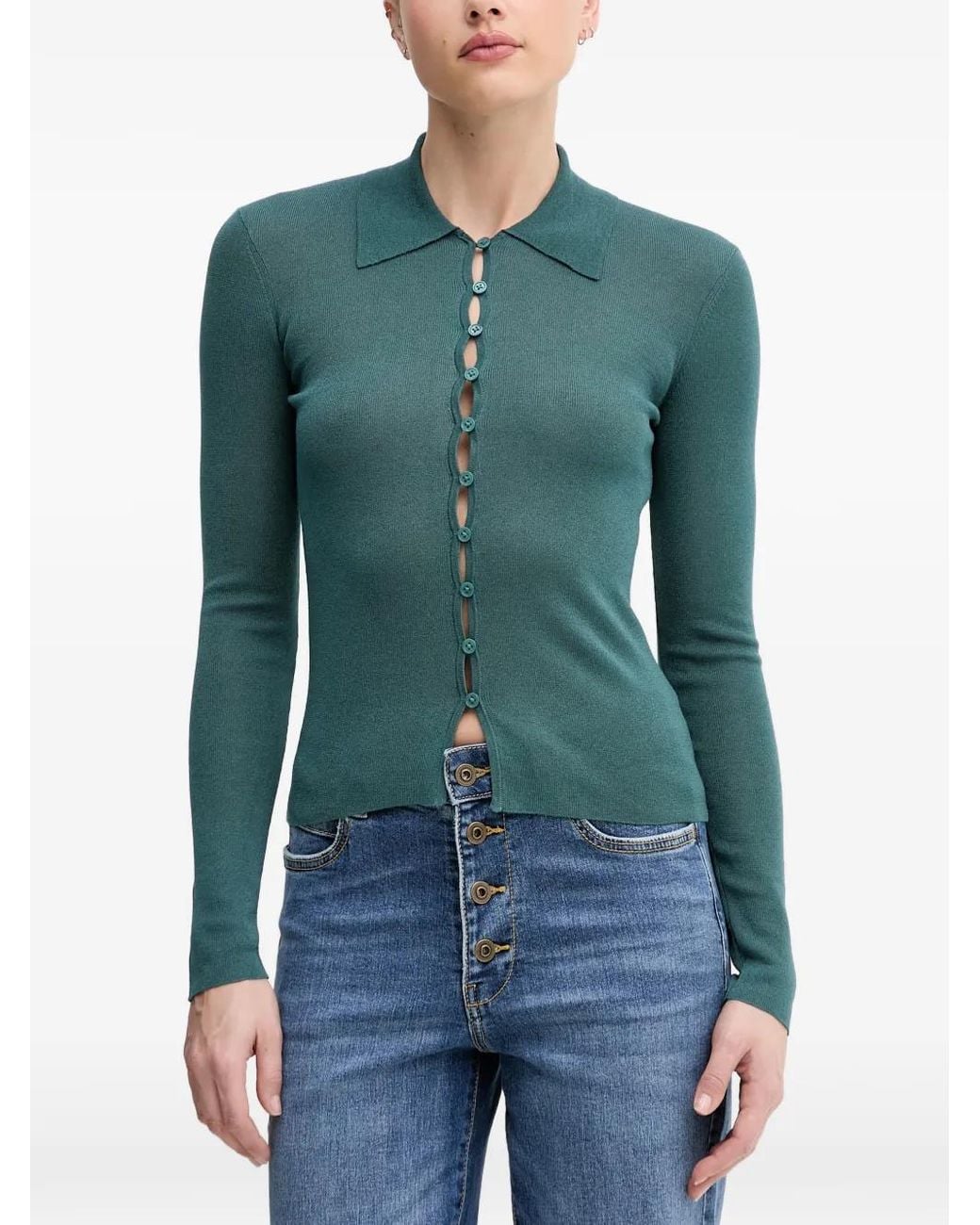 Sisley Green Cardigan Boutonné À Bords Festonnés