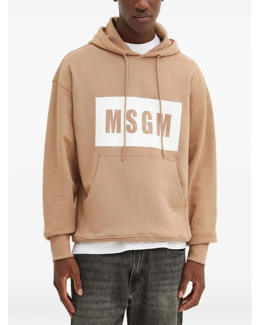 MSGM Natural Drawstring Logo-Print Hoodie for men