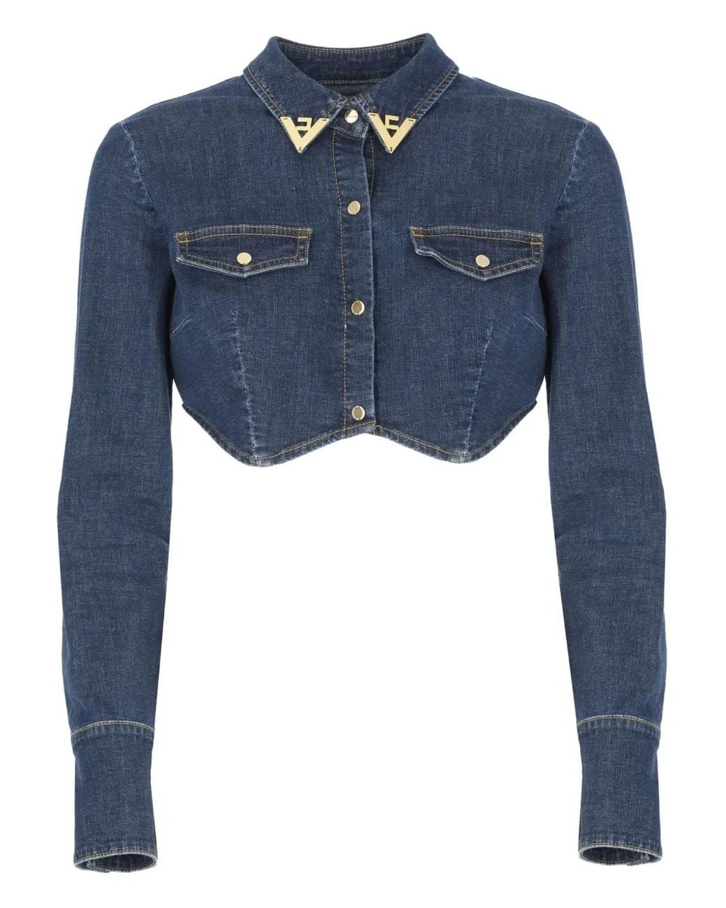 Elisabetta Franchi Blue Cropped-Collar Denim Top