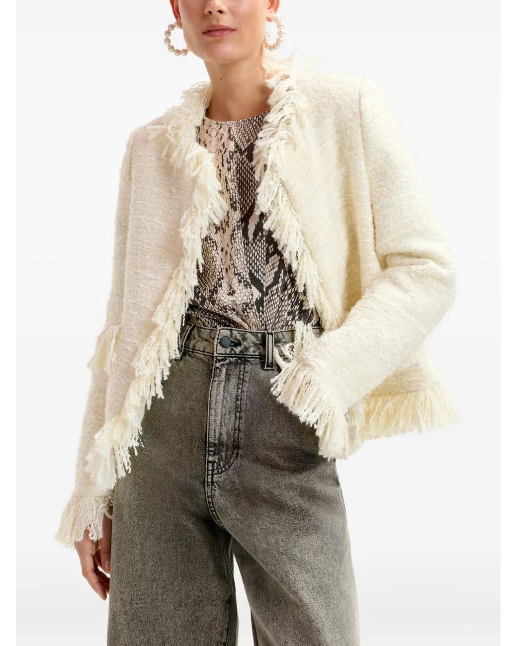 Essentiel Antwerp Fringe Tweed Jacket in White | Lyst