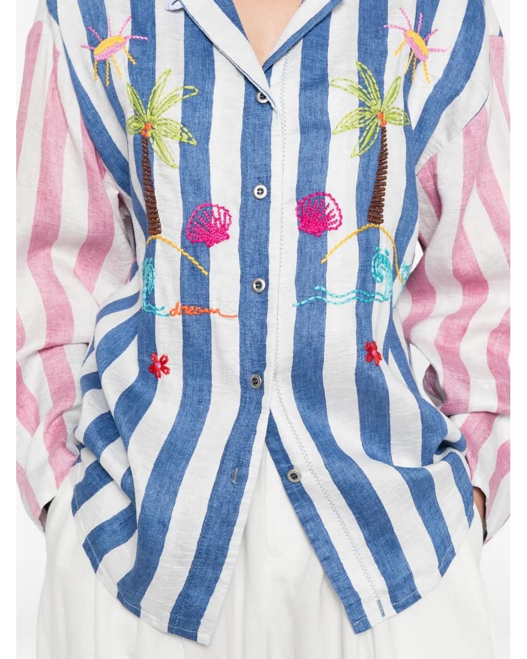 SUSANNA BLU Blue Striped Embroidered Shirt