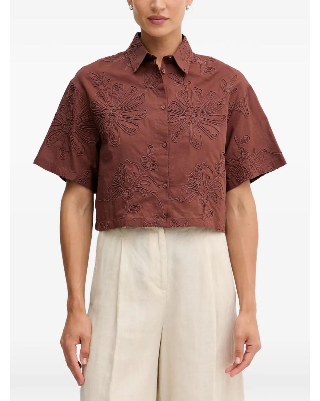 Benetton Floral-Embroidered Cropped Shirt
