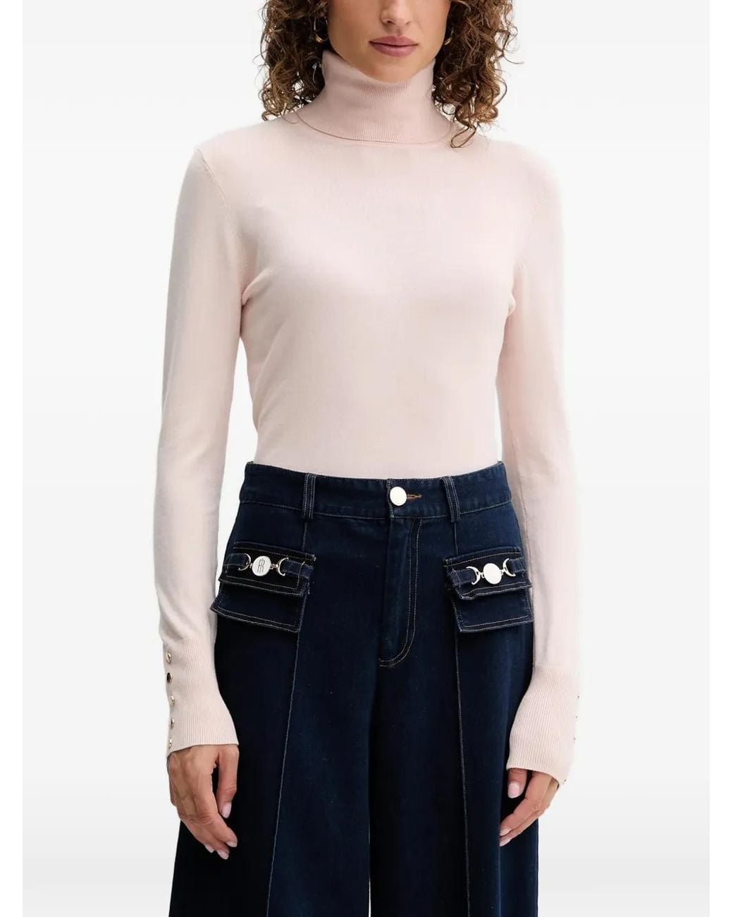 Fracomina Blue Button-Cuff Roll-Neck T-Shirt