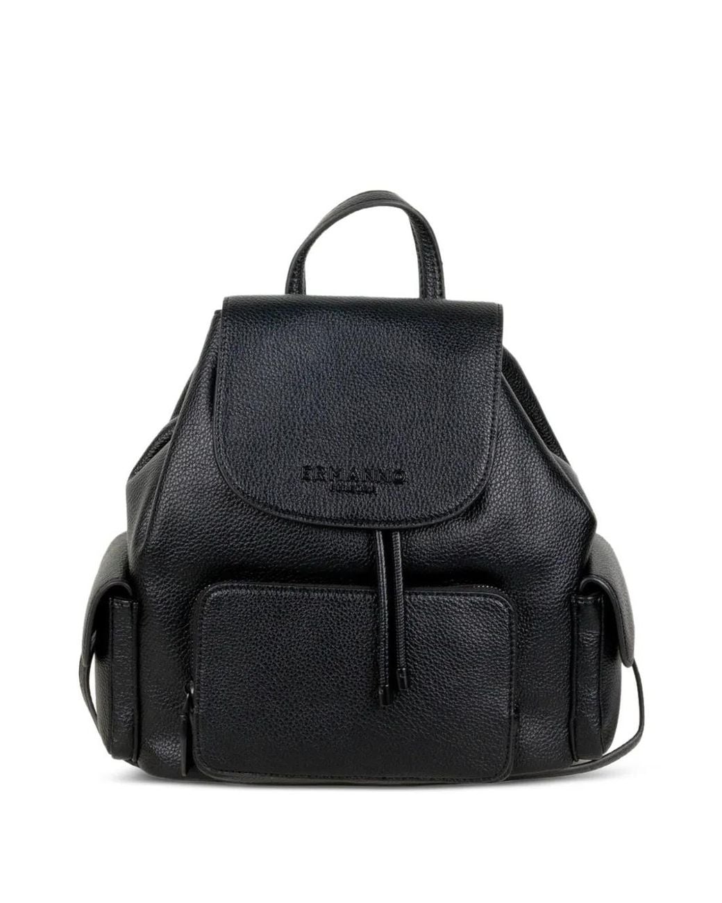 ERMANNO FIRENZE Black Sac À Dos En Cuir Grainé À Rabat
