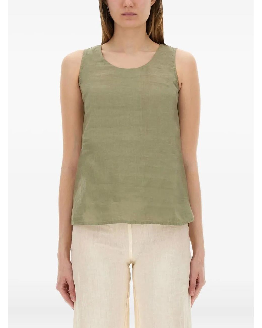 120% Lino Green Round-Neck Linen Top