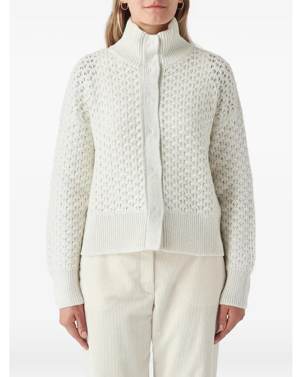 Gran Sasso White Cable-Knit High-Neck Cardigan