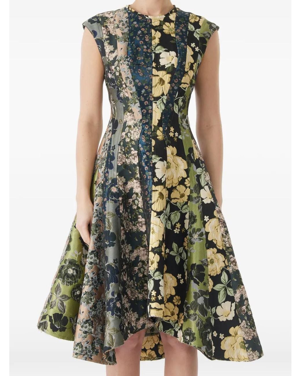 Jason Wu Green Mixed Floral-Jacquard Paneled Midi Dress