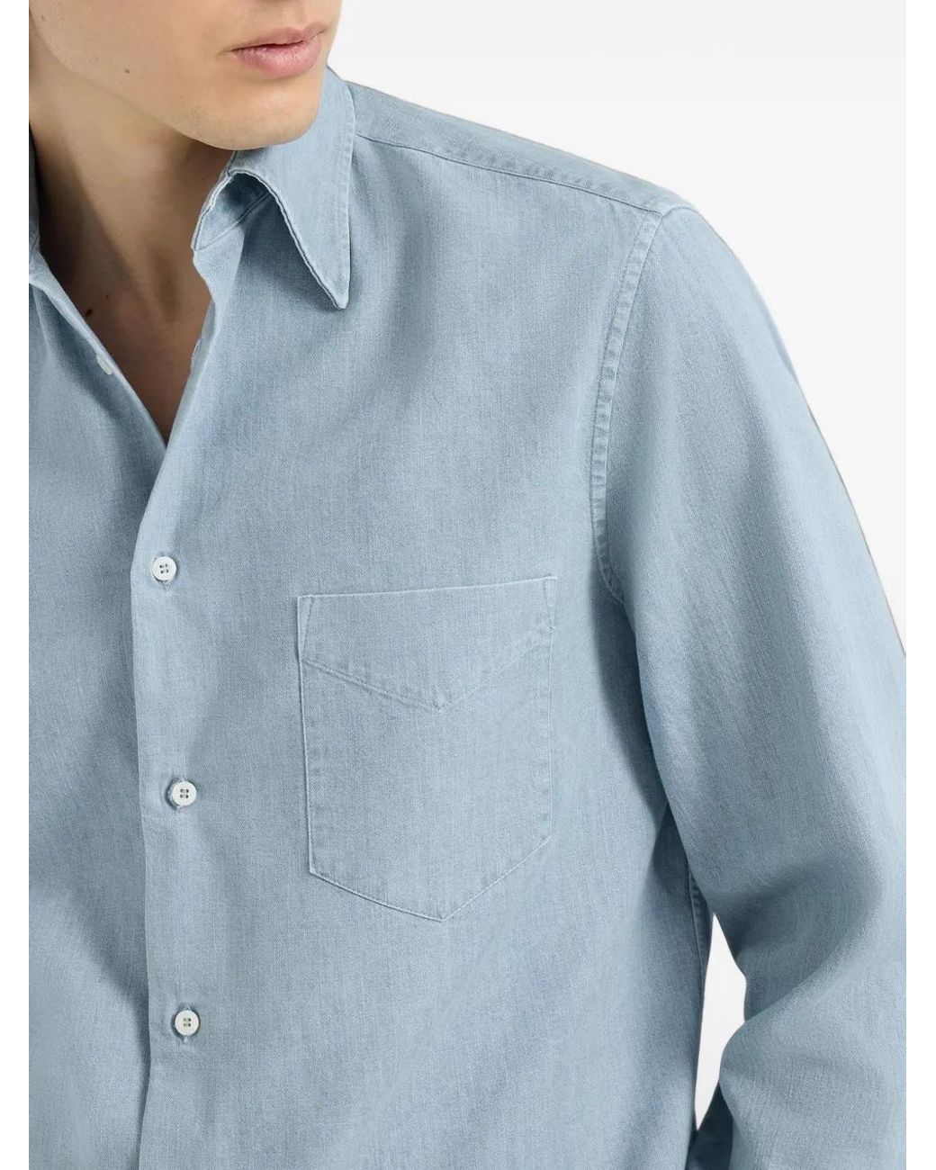 Brunello Cucinelli Blue Lightweight Denim Shirt With Italian Collar And Chest Pocket for men