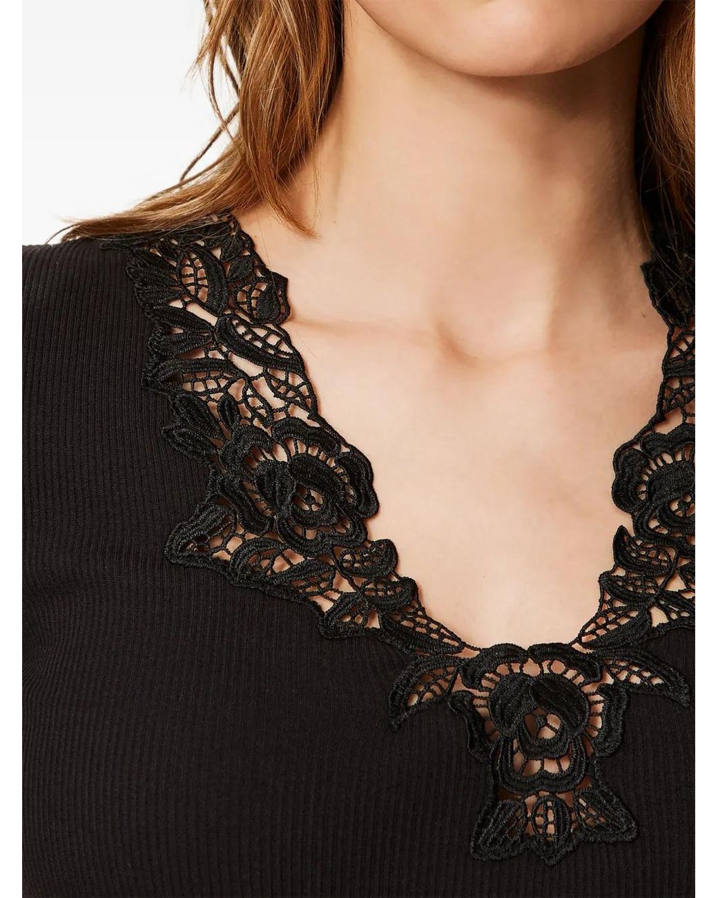 Twinset Black Ribbed T-Shirt With Lace