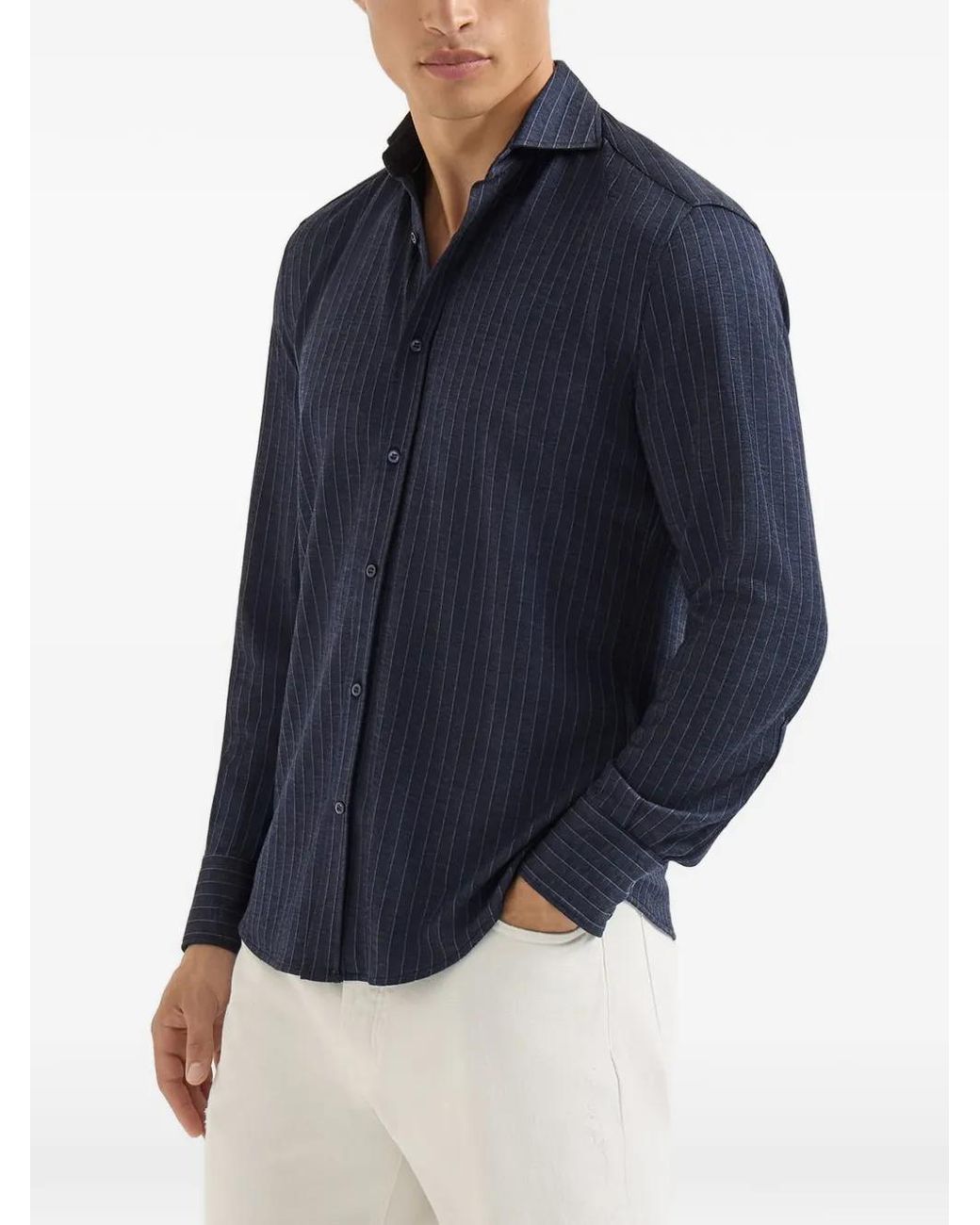 Brunello Cucinelli Blue Virgin Wool, Silk And Cotton Chalk Stripe Piqué Shirt for men