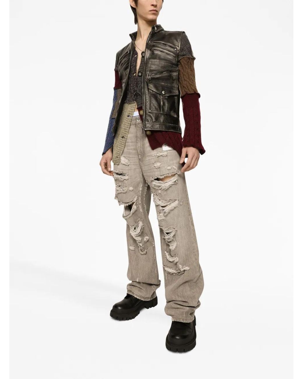 Dolce & Gabbana Brown Patchwork Distressed Cardigan for men