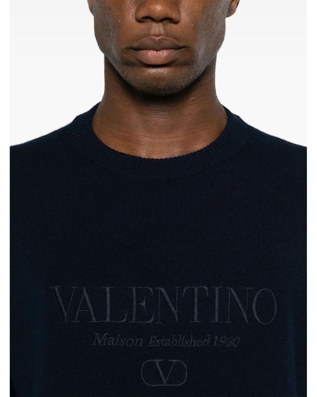 Valentino Garavani Blue Embroidered-Logo Knitted Jumper for men