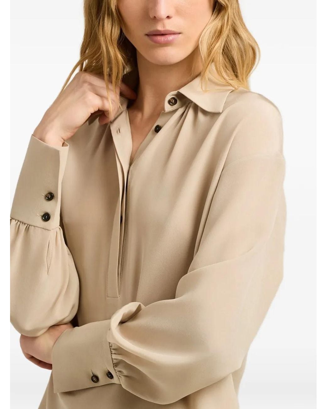 Kiton Natural Button-Collar Silk Blouse