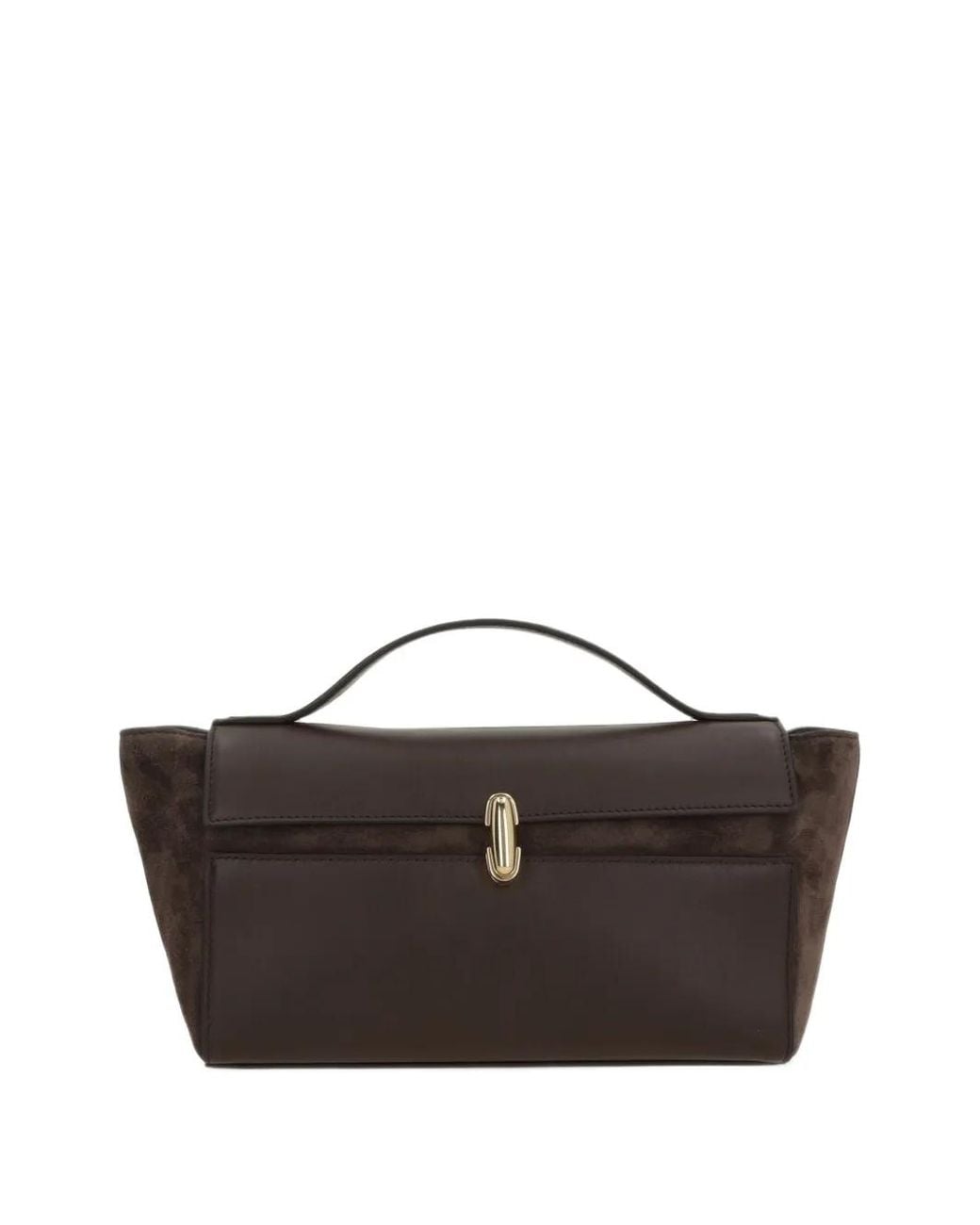 SAVETTE Brown Symmetry Trapeze Suede-Panelled Clutch Bag