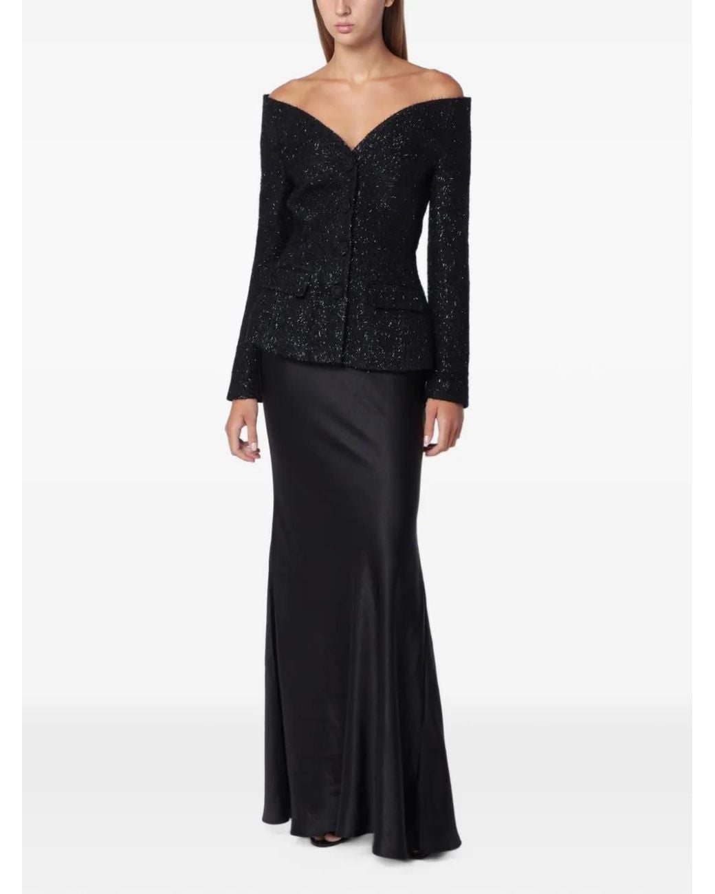 Self-Portrait Black Metallic Bouclé Satin Maxi Dress