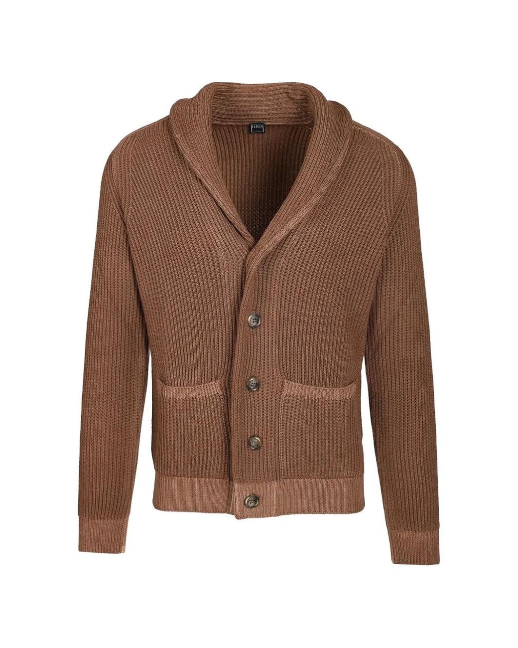 Fedeli Brown Shawl-Collar Ribbed-Knit Cardigan for men