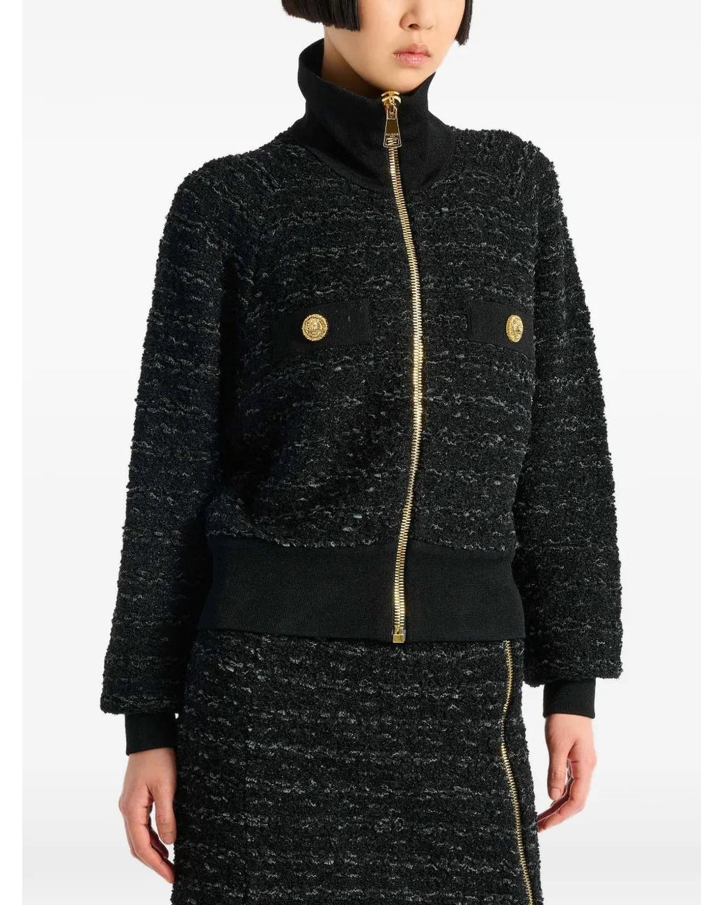 Balmain Black Tweed Bomber Jacket