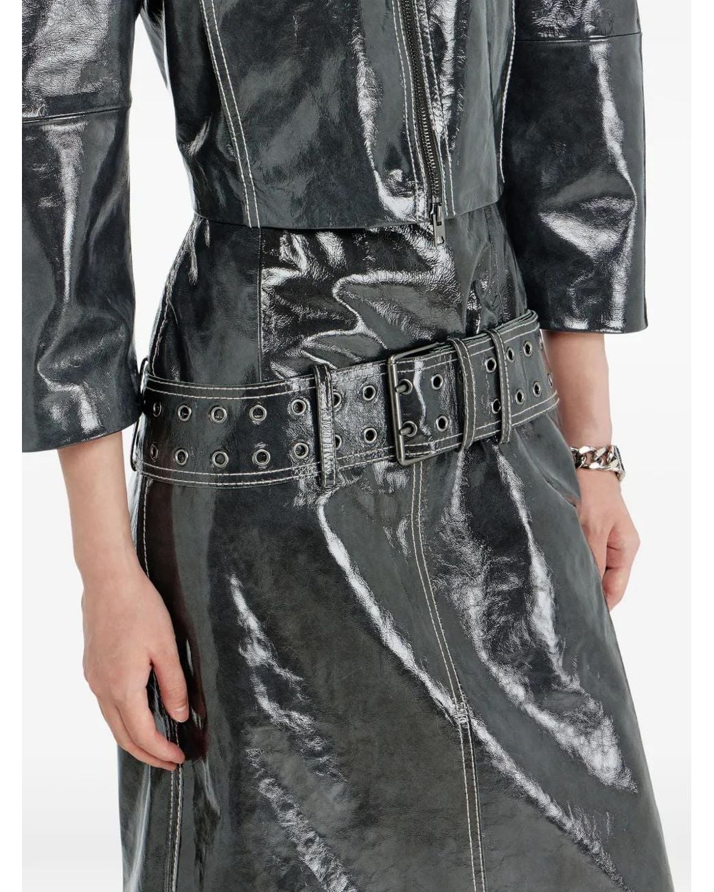DIESEL Gray Patent-Leather Midi Skirt With Belt