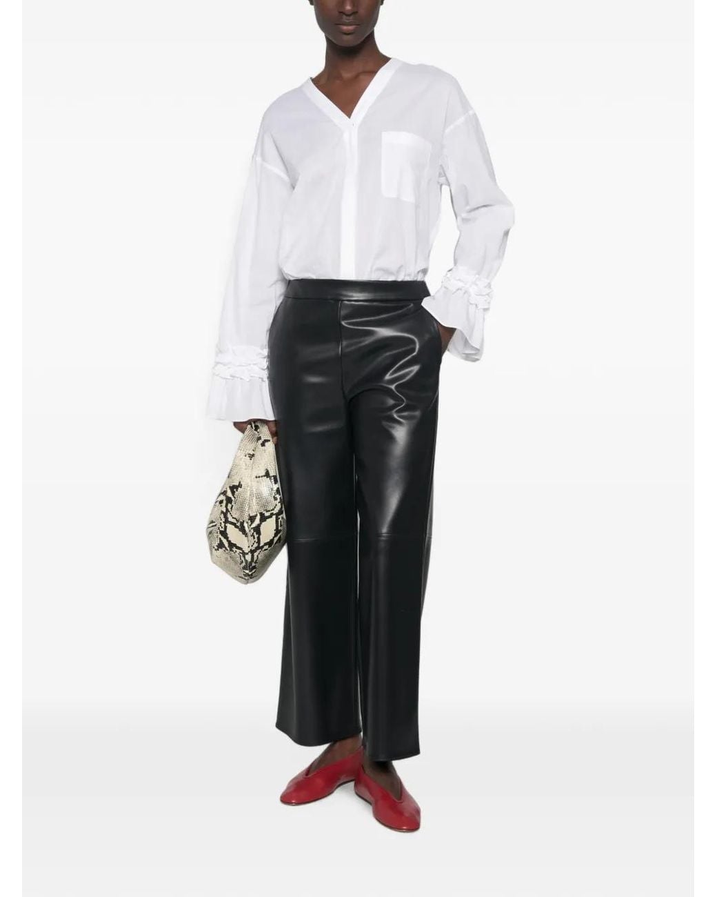 Max Mara White Ruffled-Cuff V-Neck Shirt