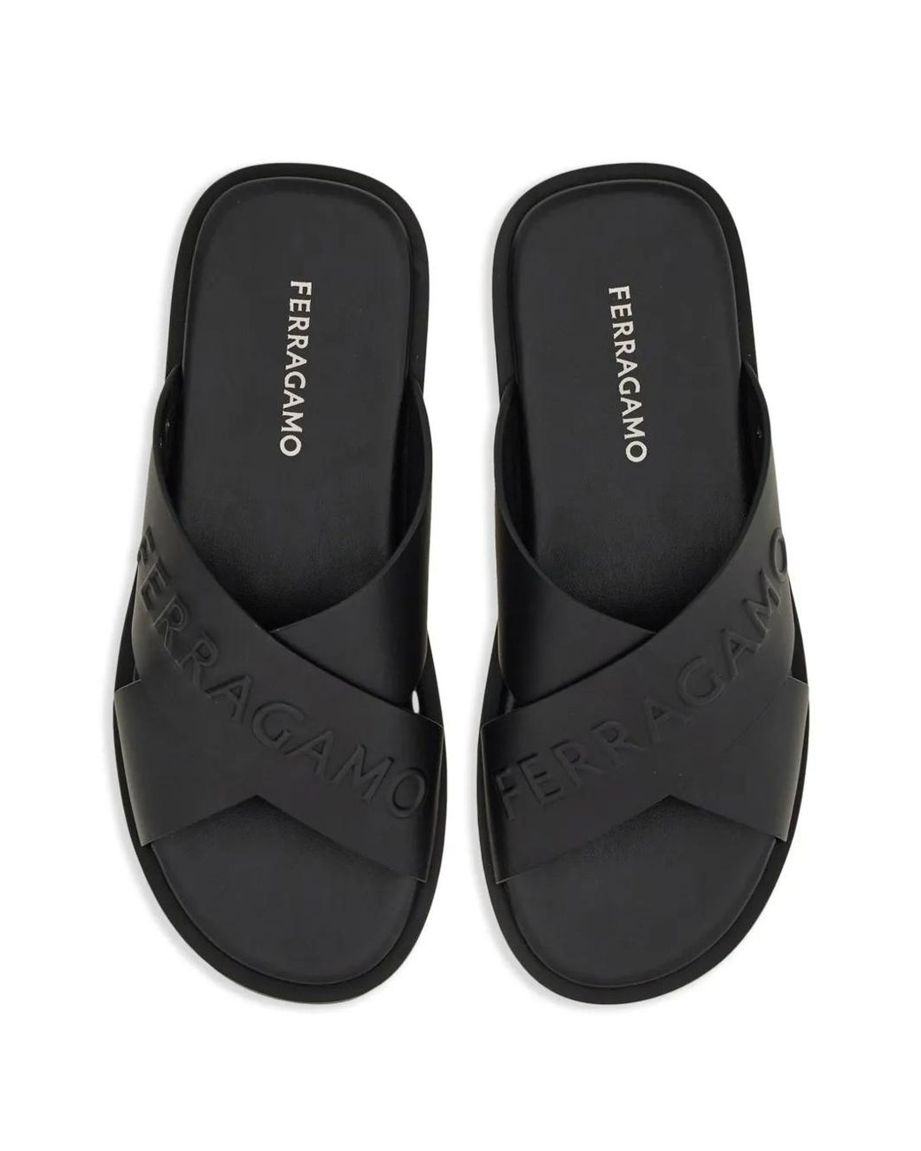 Ferragamo Black Logo Crossover Leather Slides for men
