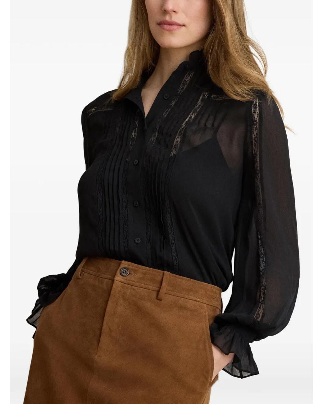 Ralph Lauren Black Lace-Trim Pintucked Blouse