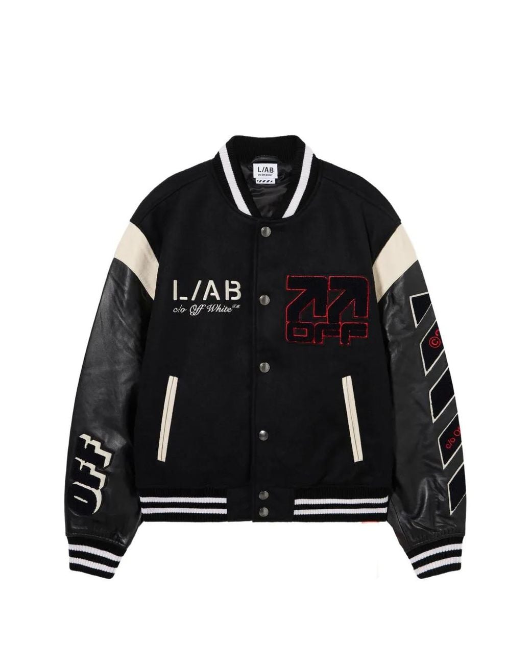 LAB C.O. OFF WHITE Black Varsity Bomber Jacket for men