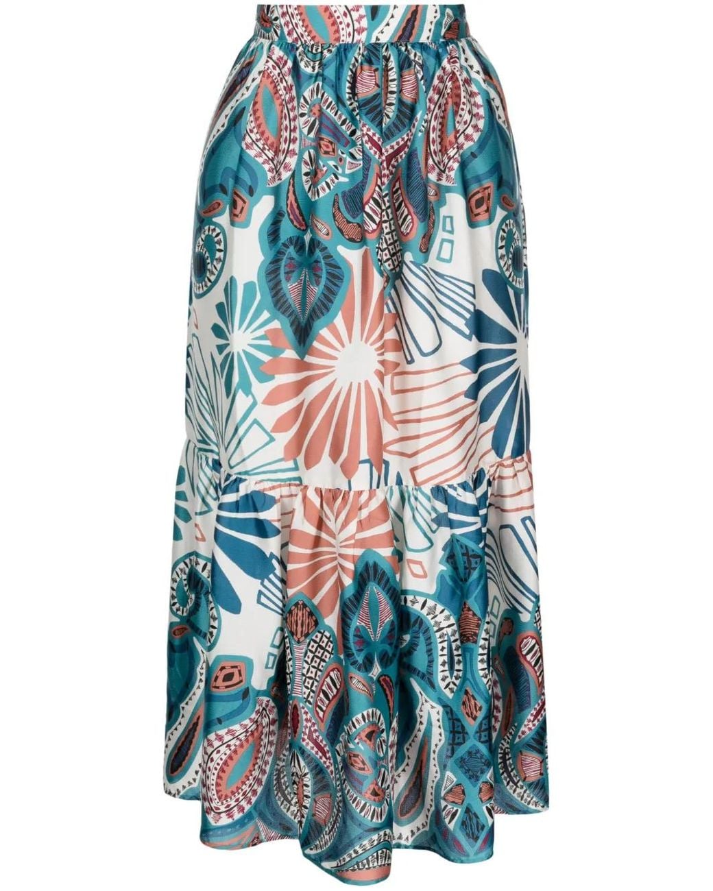 Ba&sh Blue Botanical-Print Flared Skirt