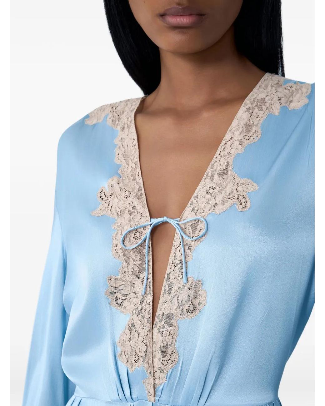 Prada Blue Lace Satin V-Neck Midi Dress