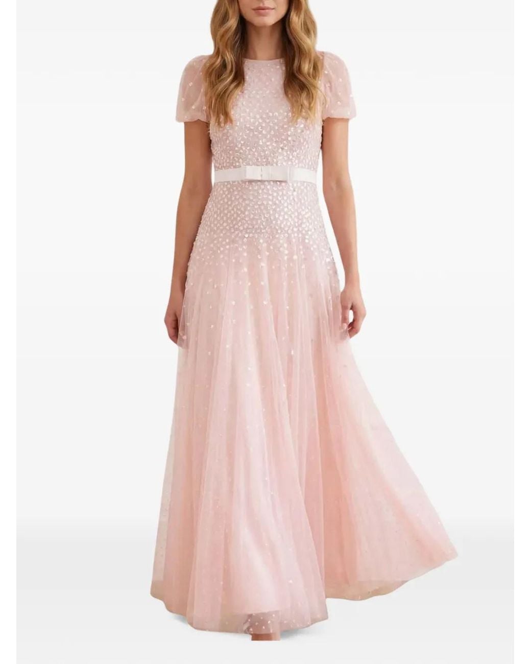 Needle & Thread Cascade Bow Short-Sleeve Maxi Gown in Pink | Lyst