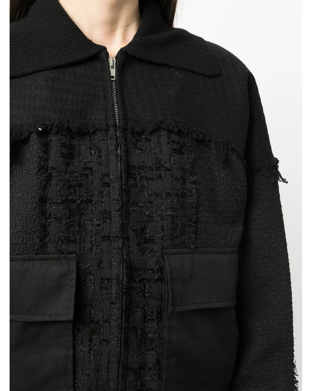 Goen.J Black Frayed Tweed Patchwork Bomber Jacket