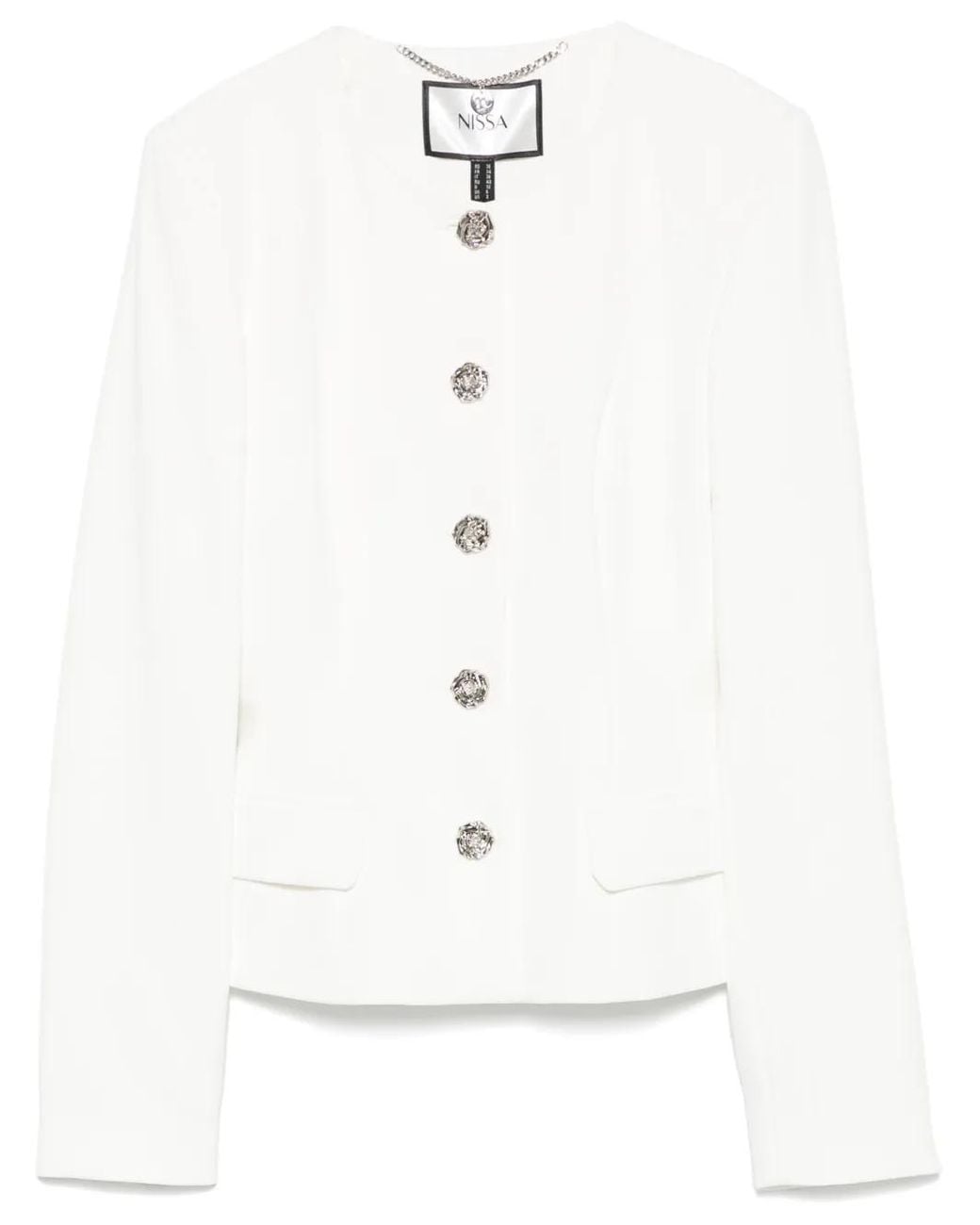 Nissa White Floral-Buttons Blazer