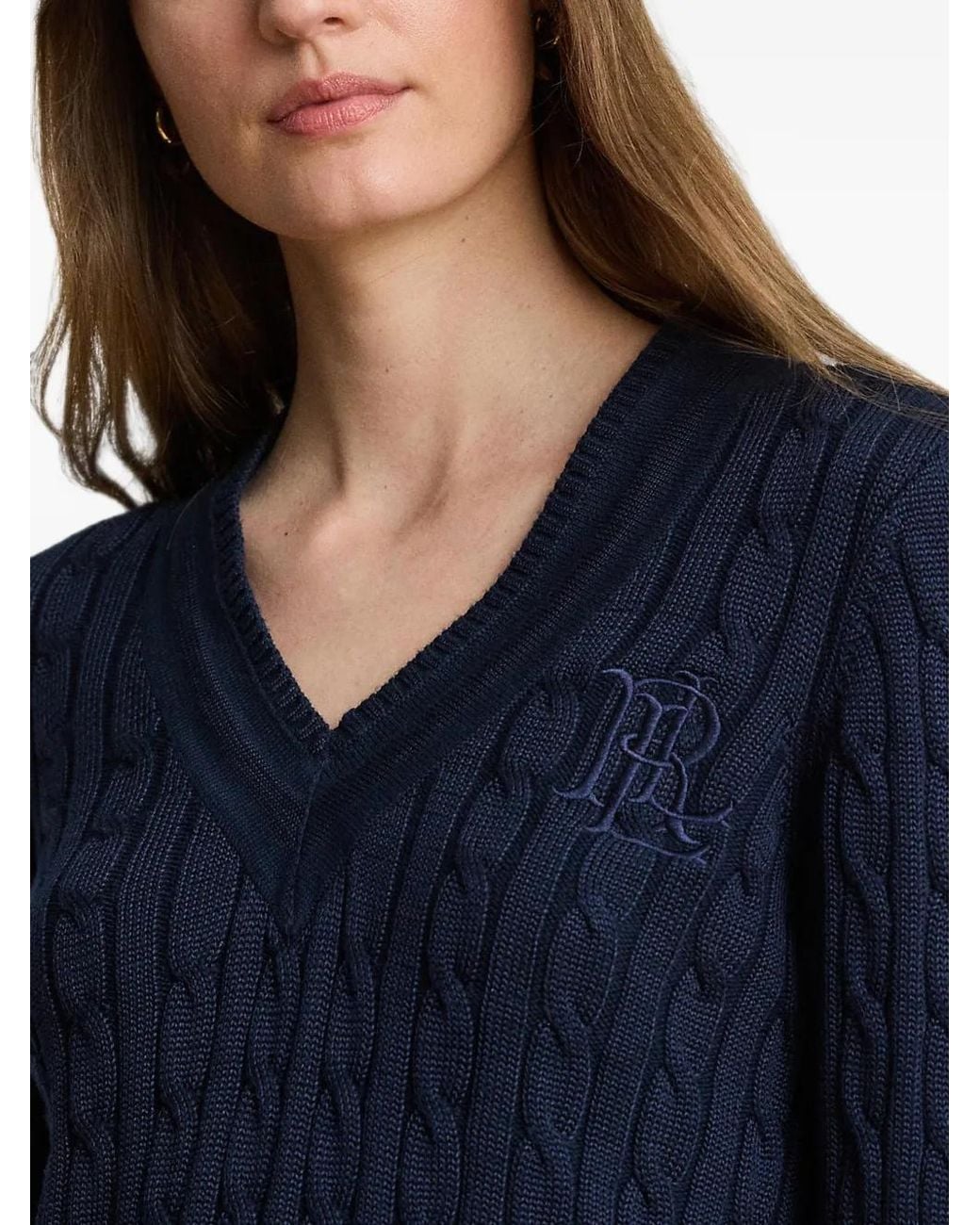 Ralph Lauren Blue Pull En Maille Torsadée À Logo Brodé