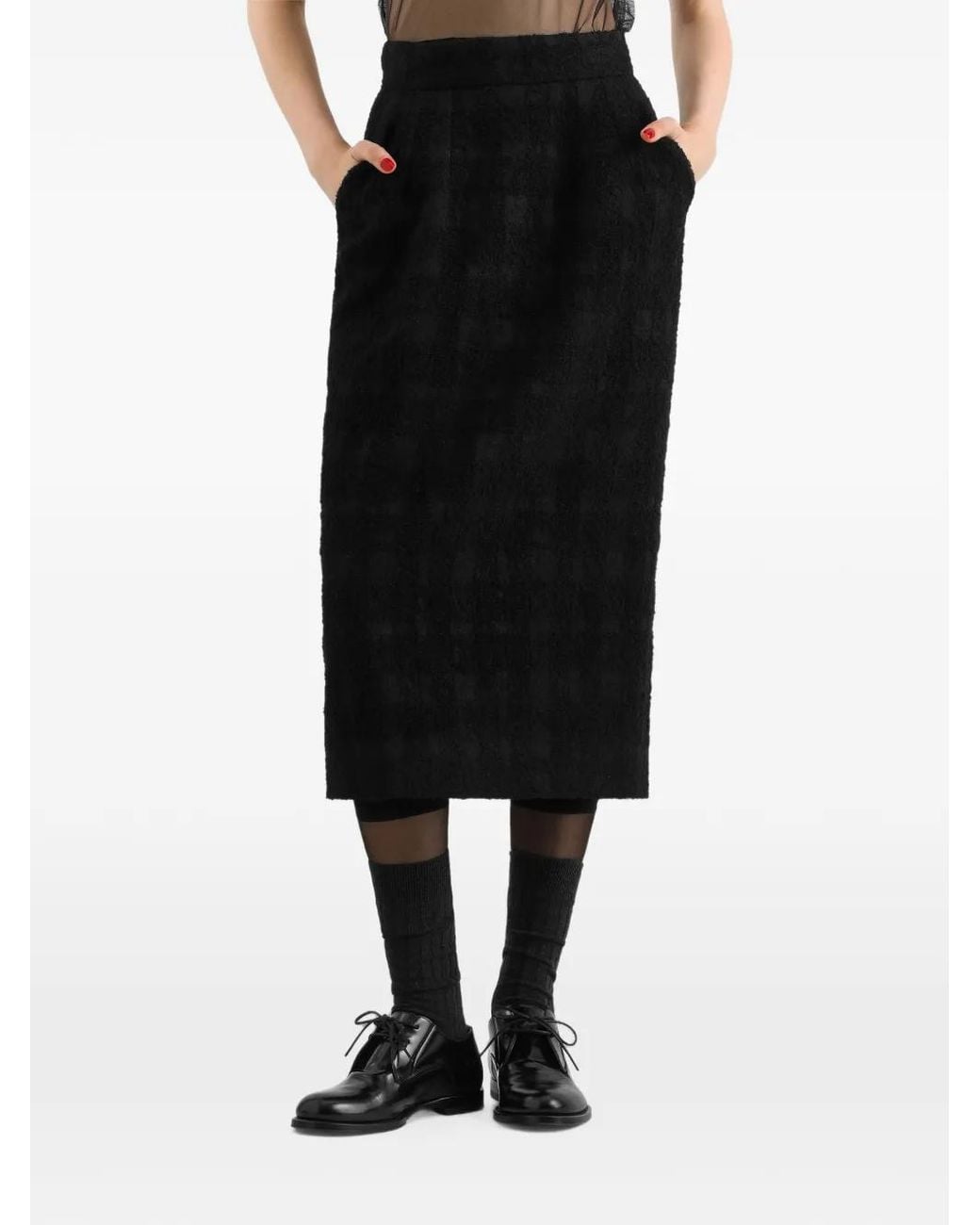 Dolce & Gabbana Black Wool-Blend Check Bouclé Midi Skirt