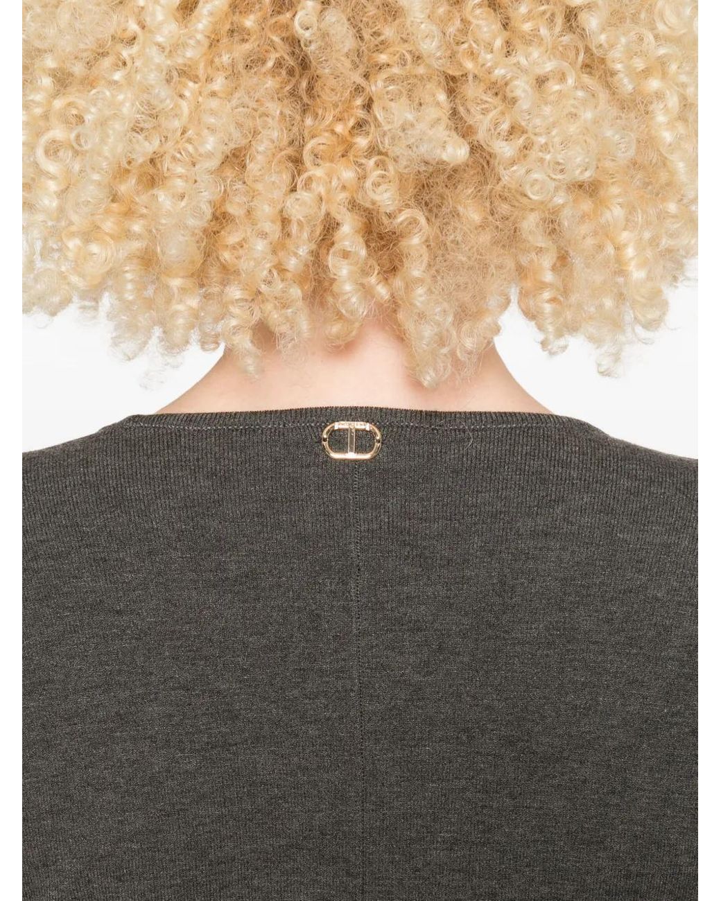 Twinset Gray Textured-Knit V-Neck Mini Dress