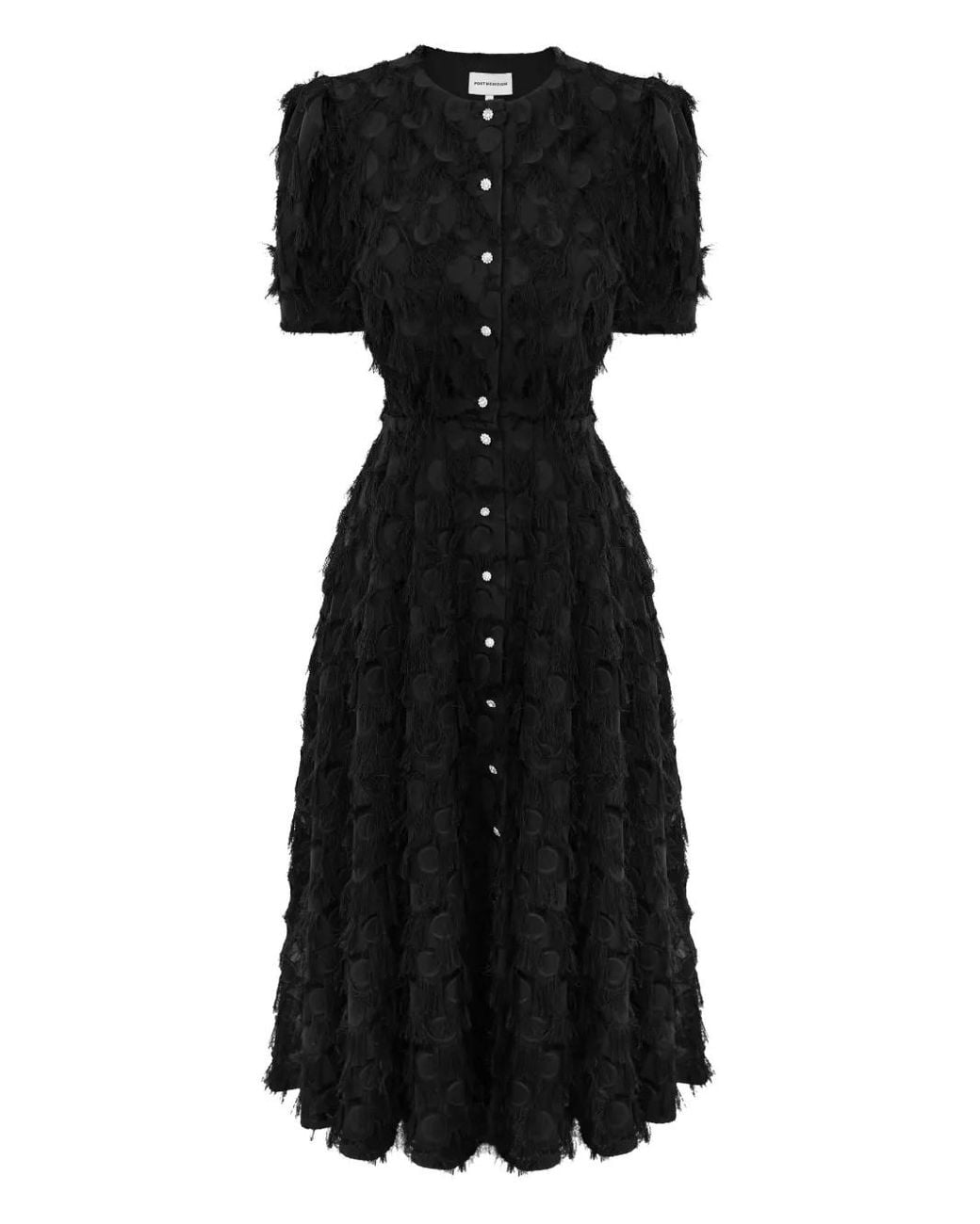 POST MERIDIEM Black Fringe Puff-Sleeve Midi Dress