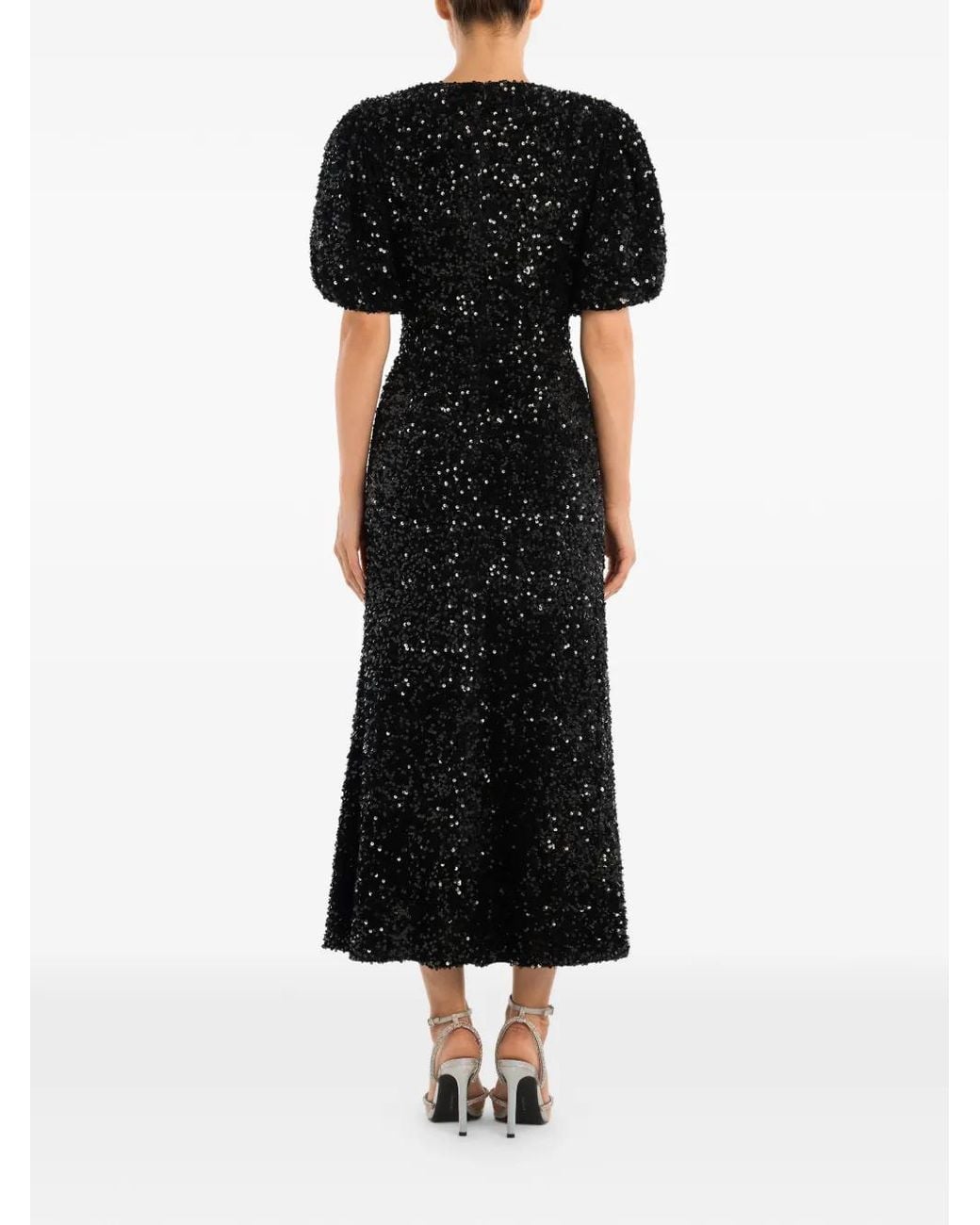 POST MERIDIEM Black Sequin-Embellished Puff-Sleeve Midi Dress