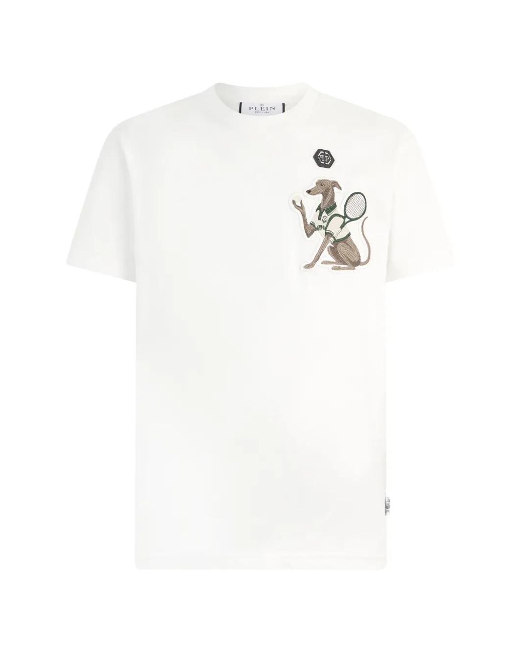 Philipp Plein White Round Neck T-Shirt Tennis Pet Patch for men
