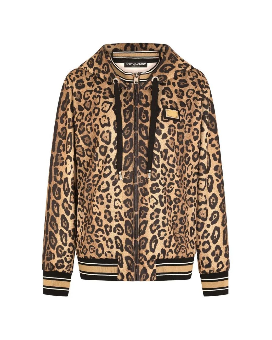 Dolce & Gabbana Brown Zip-Up Jersey Hoodie With Leopard Print