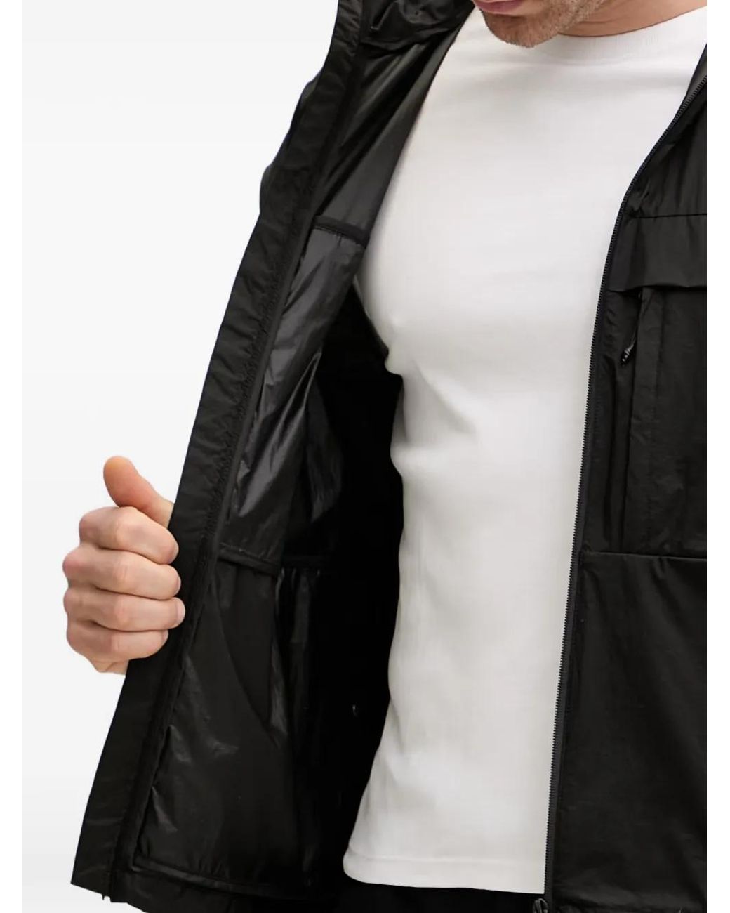 EA7 Black Logo-Patch Hooded Windbreaker for men