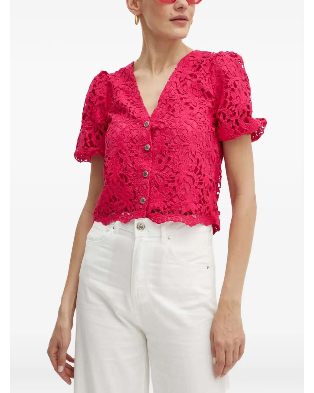 Morgan Red Oria Floral-Lace V-Neck Top