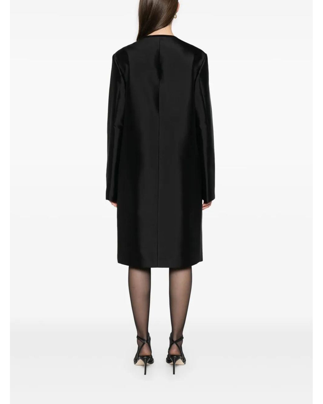 Totême Black Collarless Silk Coat