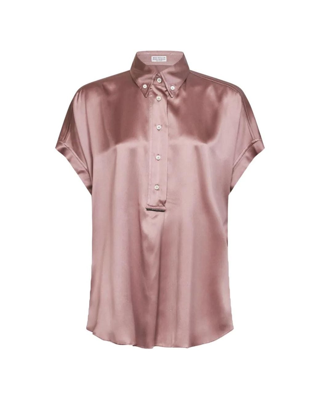 Brunello Cucinelli Pink Stretch Silk Satin Short Sleeve Shirt With Monili