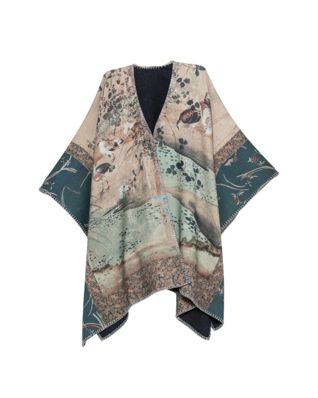 Pierre Louis Mascia Natural Graphic-Print Blanket-Stitch Poncho