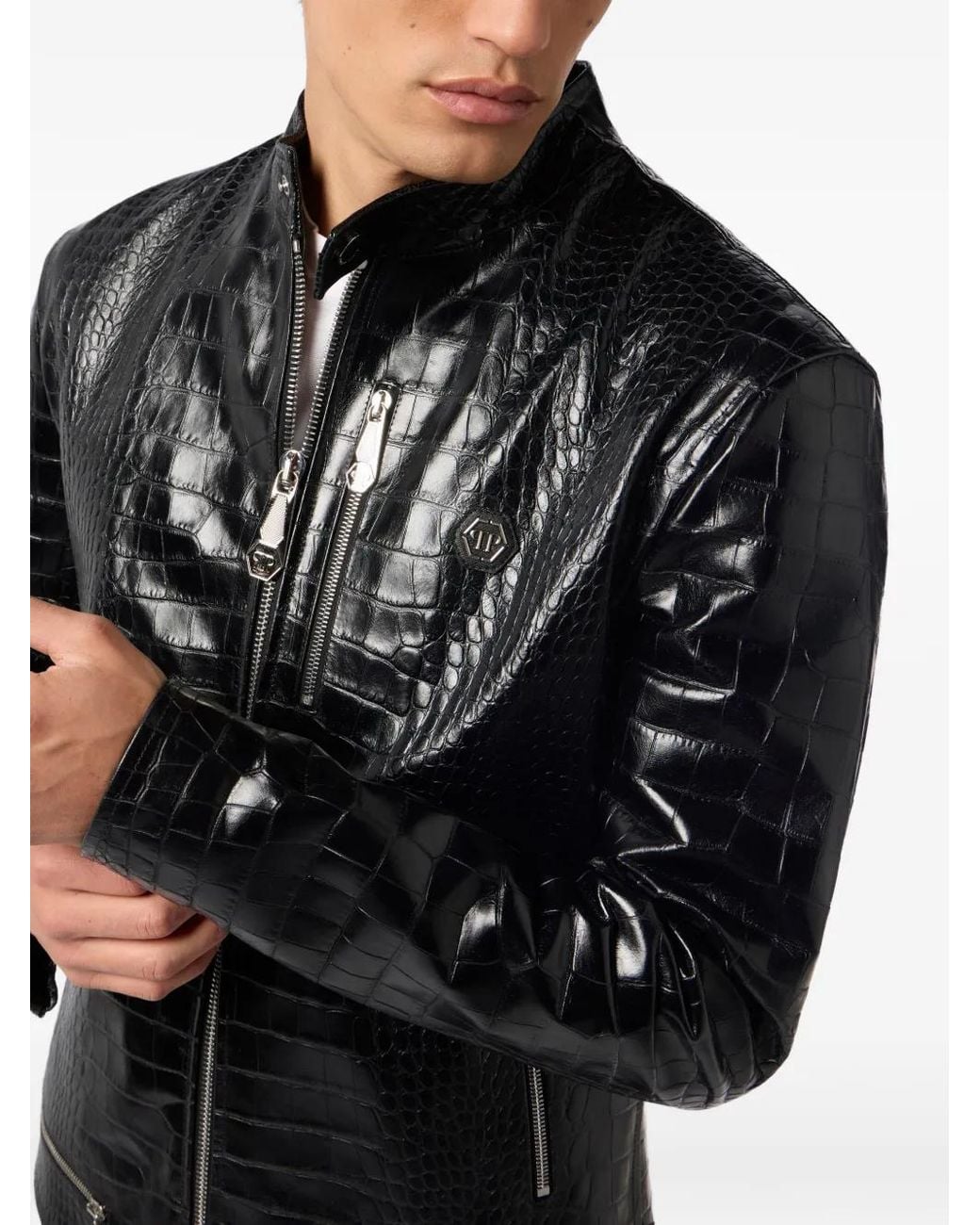 Chaqueta De Piel Con Estampado De Piel De Cocodrilo Philipp Plein de hombre de color Black