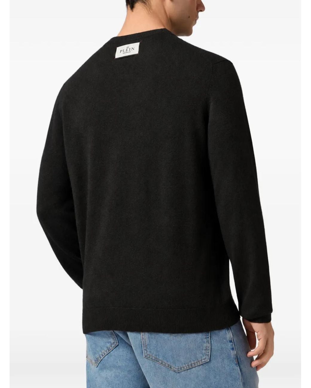 Philipp Plein Black Round Neck Pullover Panther Flames Stones for men